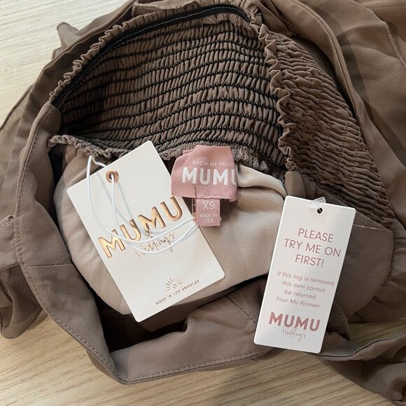 Show Me Your MuMu June Maxi Dress Size XS Dune Crisp Chiffon Brown Smocked Flowy - Picture 6 of 11